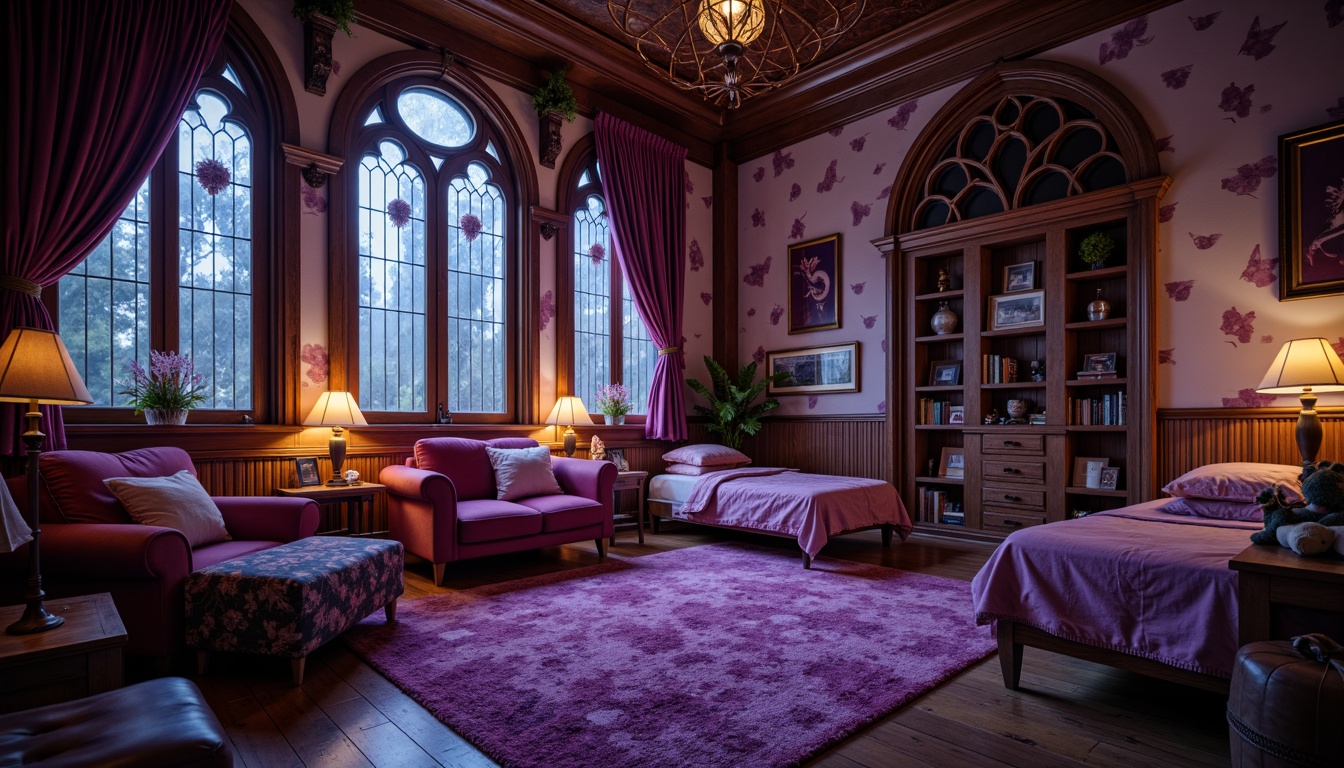 Prompt: Whimsical kid's bedroom, rich wooden furniture, ornate Gothic arches, velvet drapes, mysterious lanterns, vintage toys, eerie candlelight, spooky shadows, mystical symbols, dark wood paneling, intricate carvings, luxurious fabrics, regal purple hues, mystical creatures, fantastical landscapes, dreamy atmosphere, warm soft lighting, shallow depth of field, 1/1 composition, intimate close-up view, realistic textures.