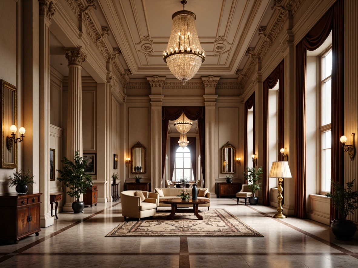 Prompt: Grand neoclassical interior, majestic columns, ornate capitals, polished marble floors, intricate moldings, luxurious velvet drapes, crystal chandeliers, richly patterned rugs, antique furniture pieces, gilded mirrors, elegant archways, subtle warm lighting, shallow depth of field, 1/1 composition, symmetrical layout, realistic textures, ambient occlusion.