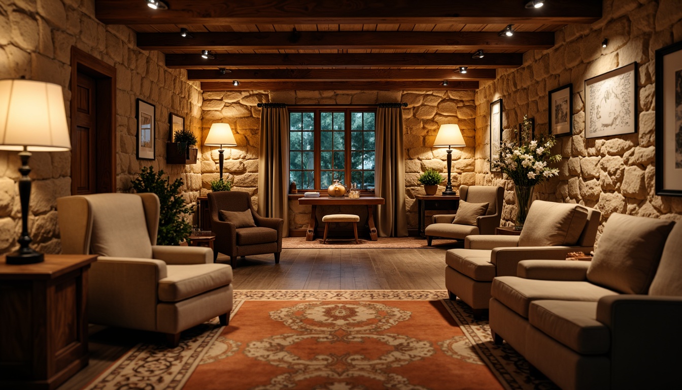 Prompt: Cozy basement, warm earthy tones, rich wood accents, comfortable seating areas, soft warm lighting, natural stone walls, rustic metal fixtures, vintage decorative items, plush carpets, calming atmosphere, relaxing ambiance, 3/4 composition, shallow depth of field, realistic textures, ambient occlusion.