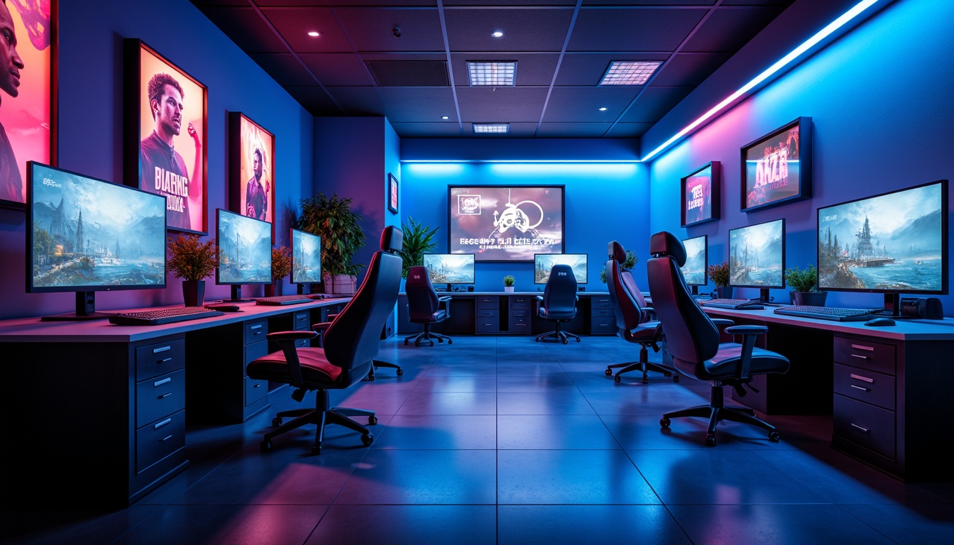 Prompt: Futuristic game room, neon-lit ambiance, dark blue walls, sleek gaming stations, high-tech gaming PCs, vibrant LED lights, glowing accents, futuristic chairs, ergonomic design, dynamic color changing lights, strobe-like effects, immersive atmosphere, cinematic experience, 3/4 composition, shallow depth of field, realistic textures, ambient occlusion.