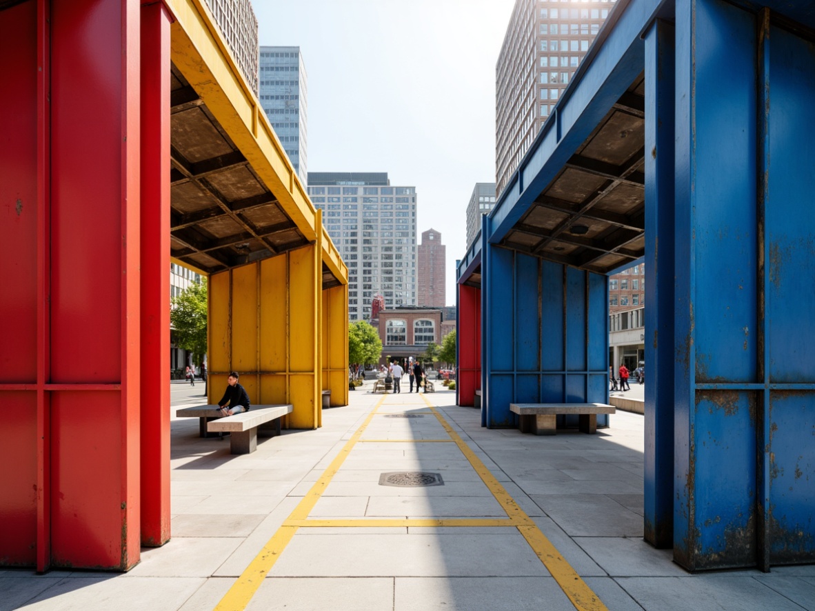 Prompt: \Geometric bus station, bold primary colors, bright red accents, deep blue pillars, yellow cantilevered roofs, industrial metal cladding, minimalist typography, angular concrete benches, urban cityscape, morning sunlight, high-contrast shadows, 2/3 composition, symmetrical framing, vibrant color blocking, brutalist architecture, functional design elements, raw concrete textures, abstract geometric patterns.\