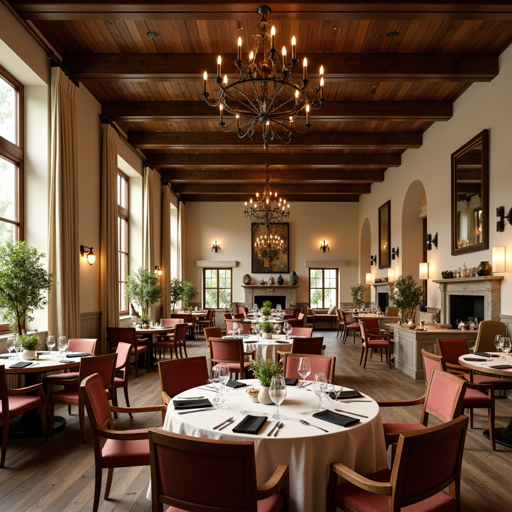 Prompt: Elegant dining hall, refined wooden tables, plush velvet chairs, ornate metal chandeliers, rich wood flooring, cream-colored walls, subtle gold accents, warm candlelight, soft beige drapes, lush greenery, natural stone fireplaces, earthy tone ceramics, rustic wooden beams, dramatic high ceilings, symmetrical composition, golden hour lighting, shallow depth of field.