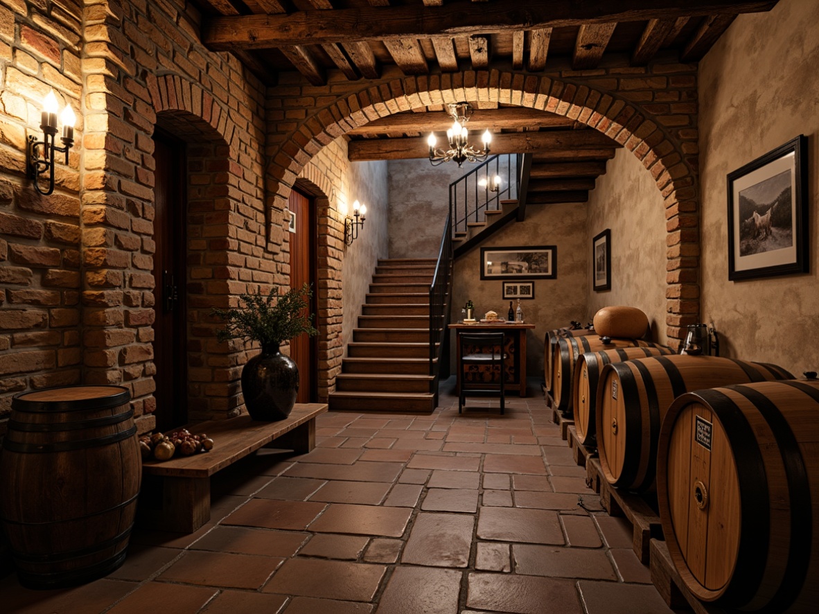 Prompt: Rustic wine cellar, stone walls, wooden barrels, dim warm lighting, rich wood tones, ornate metalwork, vintage winemaking equipment, earthy aromas, traditional French oak, curved staircases, brick archways, medieval-inspired architecture, mysterious ambiance, soft candlelight, ambient shadows, 1/2 composition, realistic textures, subtle color grading.