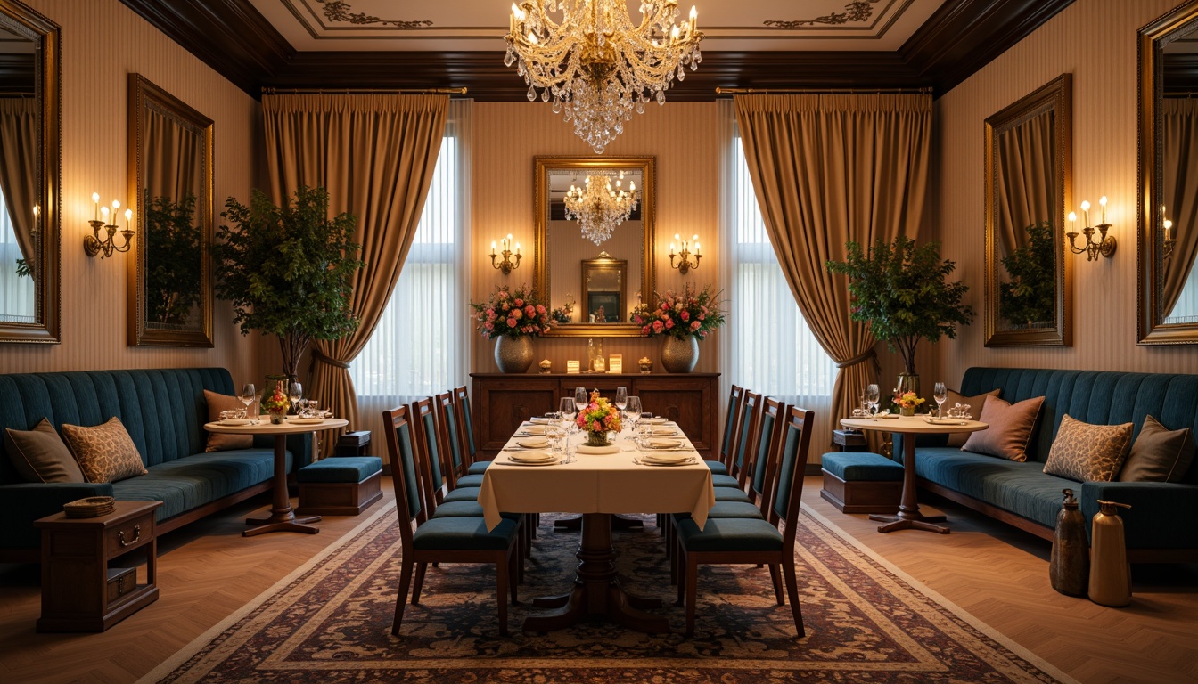 Prompt: Elegant dining hall, luxurious velvet drapes, rich wood furnishings, crystal chandeliers, soft warm beige walls, sophisticated navy blue accents, metallic gold decorations, lavish floral arrangements, ornate mirrors, plush area rugs, comfortable seating, ambient candlelight, warm intimate atmosphere, shallow depth of field, 1/2 composition, realistic textures, subtle color gradations.