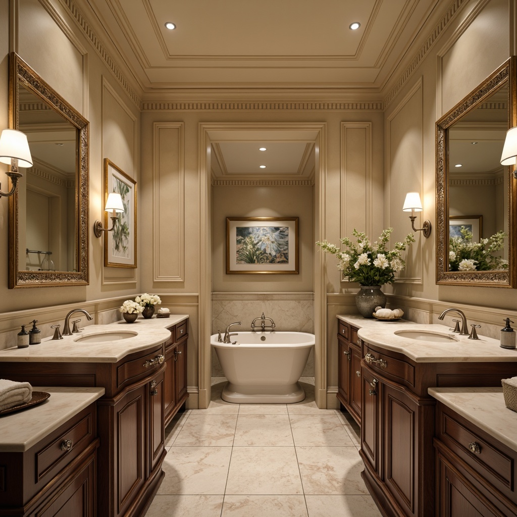 Prompt: Elegant bathroom fixtures, ornate mirrors, luxurious marble countertops, classic pedestal sinks, vintage-inspired faucets, rich wooden cabinetry, subtle patterned flooring, warm beige walls, soft ambient lighting, decorative wall sconces, traditional academic-style molding, refined chrome hardware, tasteful artwork, serene botanical prints, natural stone accents, spa-like atmosphere, shallow depth of field, 1/1 composition, realistic textures.