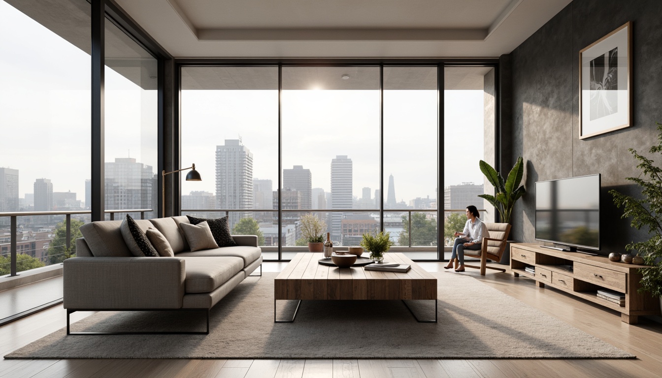 Prompt: Minimalist living room, low-profile sofa, sleek coffee table, industrial metal legs, reclaimed wood accents, monochromatic color scheme, floor-to-ceiling windows, urban city view, soft warm lighting, subtle shadows, 1/1 composition, realistic textures, ambient occlusion, Scandinavian-inspired design, functional decor, geometric patterns, luxurious fabrics, modern art pieces.