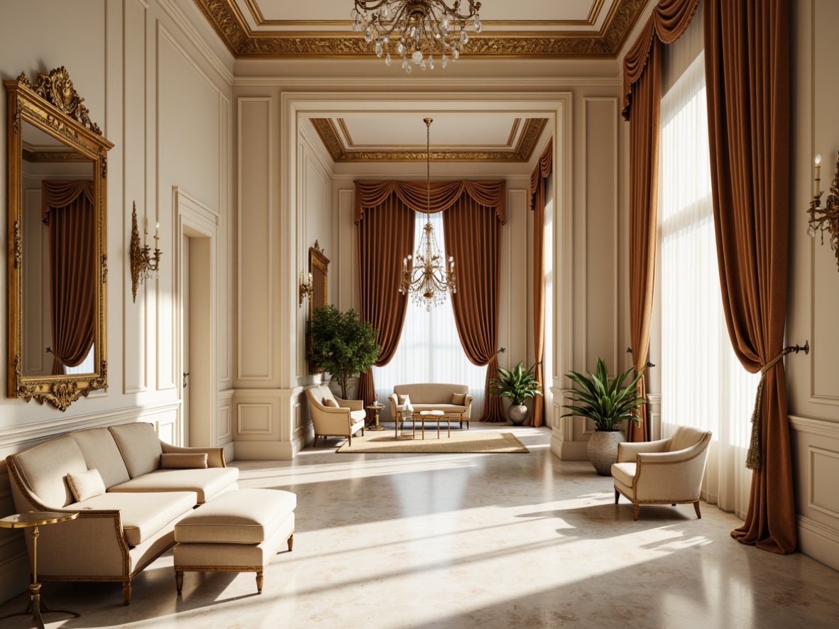 Prompt: Elegant neoclassical interior, rich velvet drapes, ornate golden frames, soft cream walls, luxurious marble floors, intricate moldings, crystal chandeliers, refined wood accents, sophisticated furnishings, subtle beige tones, muted sienna hues, warm ivory shades, dramatic high ceilings, grand architectural details, natural light pouring in, 3/4 composition, shallow depth of field, realistic textures, ambient occlusion.