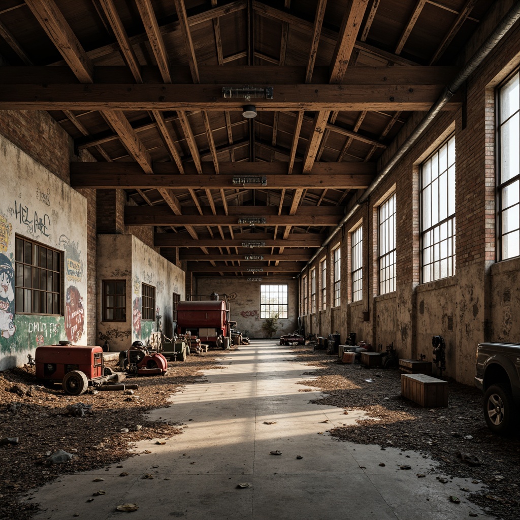 Prompt: Rustic abandoned factory, crumbling brick walls, worn wooden beams, distressed metal pipes, vintage machinery parts, faded industrial signs, rough concrete floors, peeling paint, old warehouse atmosphere, dramatic lighting, warm color tones, high contrast ratio, shallow depth of field, 2/3 composition, cinematic framing, realistic textures, ambient occlusion.