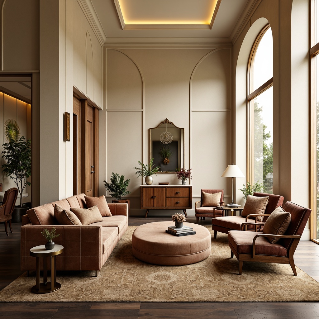 Prompt: Luxurious living room, plush velvet sofas, reclining armchairs, tufted ottomans, rich wooden coffee tables, ornate metal frames, soft golden lighting, cream-colored walls, floor-to-ceiling windows, subtle floral patterns, elegant curve lines, comfortable cushioning, warm beige carpeting, cozy reading nooks, classic wingback chairs, sophisticated neutral colors, refined decorative accents, natural fabrics, inviting atmosphere, 1/2 composition, shallow depth of field, soft focus blur.