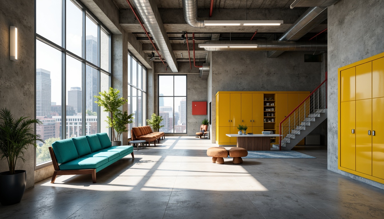 Prompt: Exposed concrete walls, industrial-style lighting, bold color accents, vibrant turquoise chairs, bright yellow lockers, deep red handrails, sleek metal doors, minimalist decor, functional furniture, open floor plan, natural light pouring in, urban cityscape views, modern brutalist architecture, raw unfinished textures, dramatic shadows, high contrast lighting, 1/1 composition, realistic rendering.