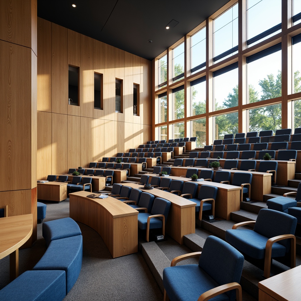 Prompt: Academic auditorium, curved tiered seating, wooden lecture desks, comfortable cushioned chairs, vibrant blue upholstery, natural wood accents, polished metal legs, sleek minimalist design, abundant natural light, floor-to-ceiling windows, soft warm lighting, shallow depth of field, 3/4 composition, panoramic view, realistic textures, ambient occlusion, modern architectural details, elegant simplicity, sophisticated ambiance.