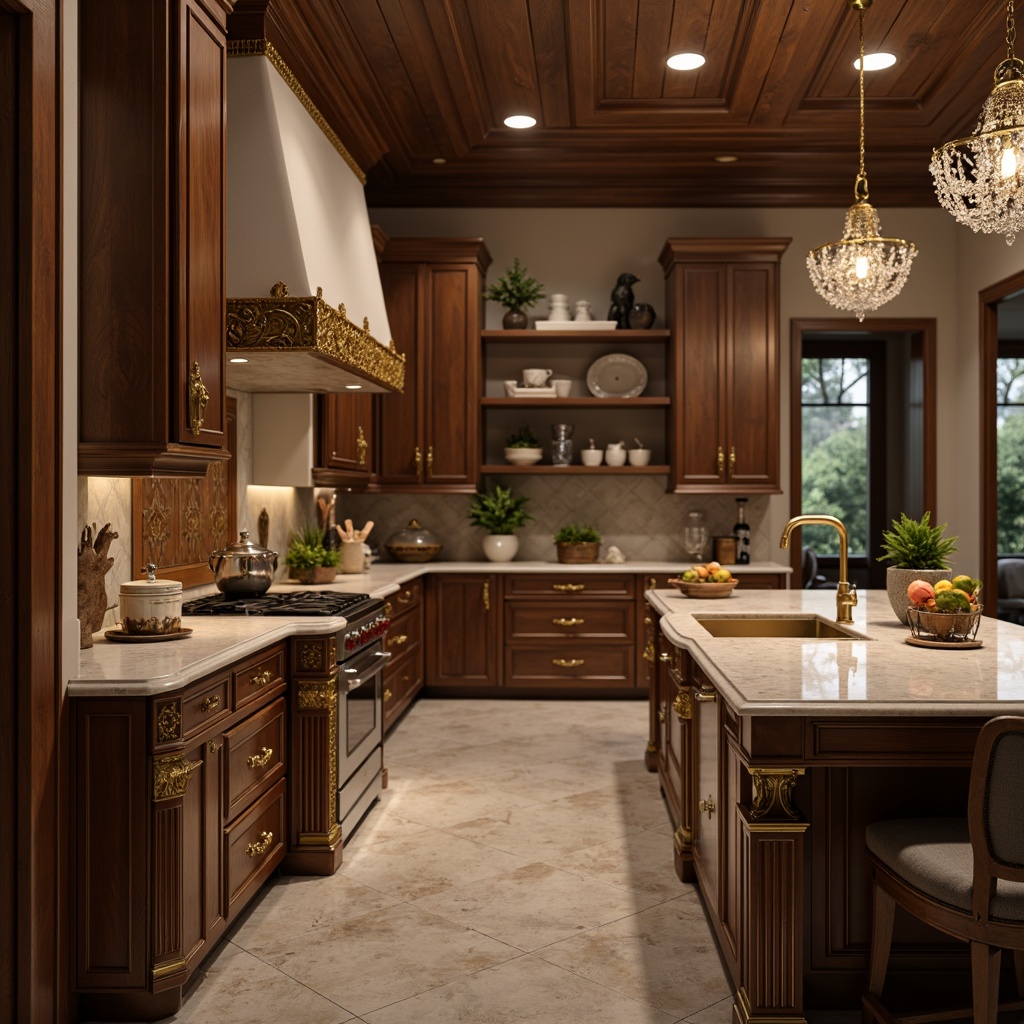 Prompt: Ornate golden hardware, polished marble countertops, rich wood cabinetry, velvet-smooth granite island, intricate carvings, gilded accents, ornamental moldings, luxurious crystal chandeliers, warm ambient lighting, soft focus, 1/2 composition, shallow depth of field, detailed textures, realistic reflections.