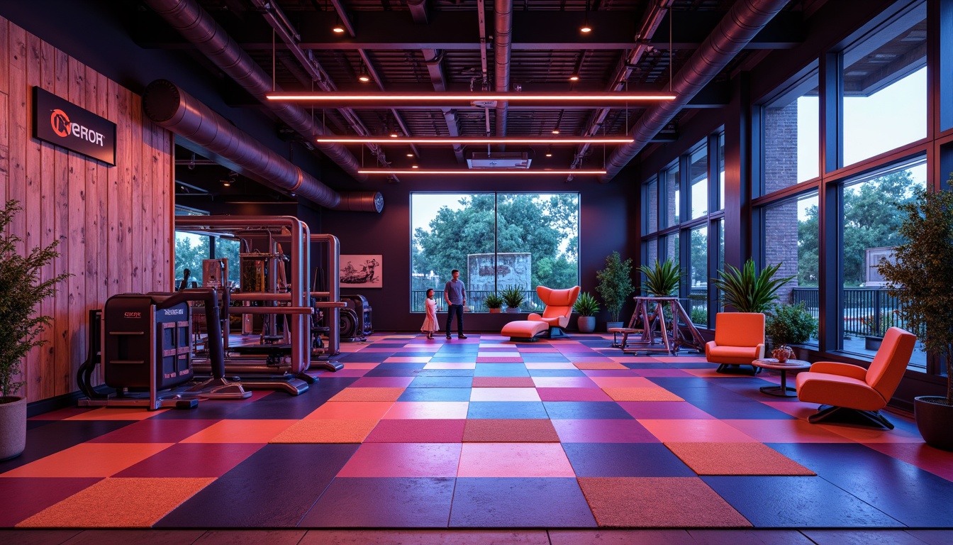 Prompt: Rubber flooring, bold color schemes, geometric patterns, textured surfaces, industrial-chic aesthetic, postmodern home gym, minimalist equipment, metallic accents, neon lighting, urban loft atmosphere, reclaimed wood accents, polished concrete floors, dynamic composition, shallow depth of field, 1/1 aspect ratio, high-contrast colors, futuristic ambiance.