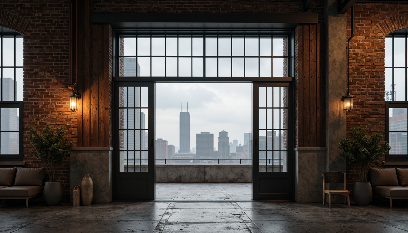 Prompt: Rustic industrial entrance, metal framework, exposed brick walls, reclaimed wood accents, vintage factory windows, distressed concrete floors, Edison bulb lighting, industrial-style pipes, urban cityscape background, cloudy gray sky, soft misty atmosphere, shallow depth of field, 1/2 composition, cinematic color grading, realistic textures, ambient occlusion.