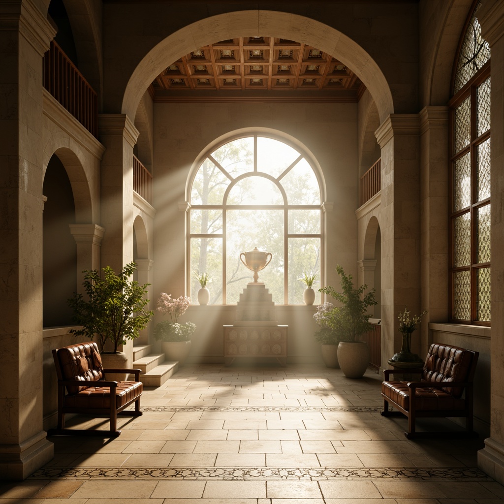 Prompt: Ethereal memorial interior, soft diffused light, subtle shadowing, warm beige tones, natural stone flooring, elegant wooden accents, ornate metalwork, delicate filigree patterns, intricate stained glass details, dramatic archways, solemn atmosphere, quiet contemplation, hazy misty effect, cinematic lighting, high contrast ratio, 1/2 composition, shallow depth of field, realistic textures, ambient occlusion.