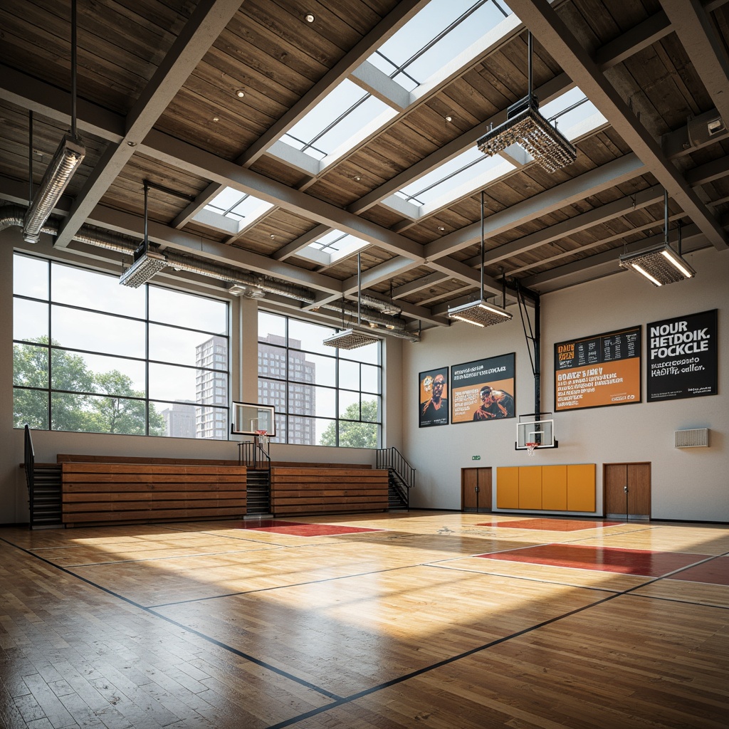 Prompt: Modern gymnasium interior, high ceilings, exposed ductwork, polished wood floors, athletic equipment, basketball hoops, scoreboards, bleachers, motivational quotes, natural light pouring in, large windows, clerestory windows, suspended LED lights, indirect lighting, warm color temperatures, soft shadows, 1/1 composition, shallow depth of field, realistic textures, ambient occlusion.