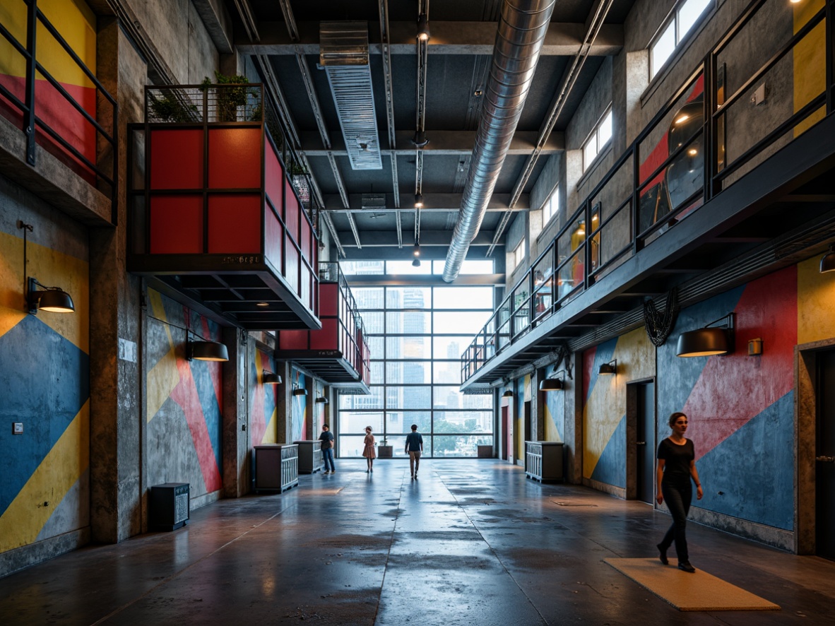 Prompt: Exposed ductwork, industrial pipes, metallic catwalks, bold color accents, angular lines, geometric shapes, abstract expressionist murals, concrete flooring, steel beams, overhead cranes, mechanical equipment, urban cityscape views, gritty textured walls, distressed finishes, dramatic high-contrast lighting, atmospheric fog effects, 1-point perspective composition, cinematic camera angles, realistic metallic reflections, intricate machinery details.