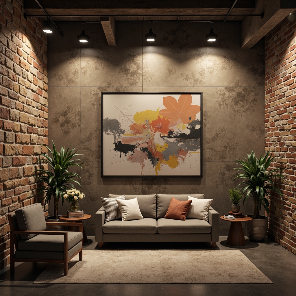 Prompt: Rustic textured walls, earthy tones, natural stone patterns, industrial chic, exposed brick, distressed finishes, urban loft, modern minimalist, abstract art pieces, moody lighting, dramatic shadows, 1/2 composition, shallow depth of field, realistic textures, ambient occlusion.