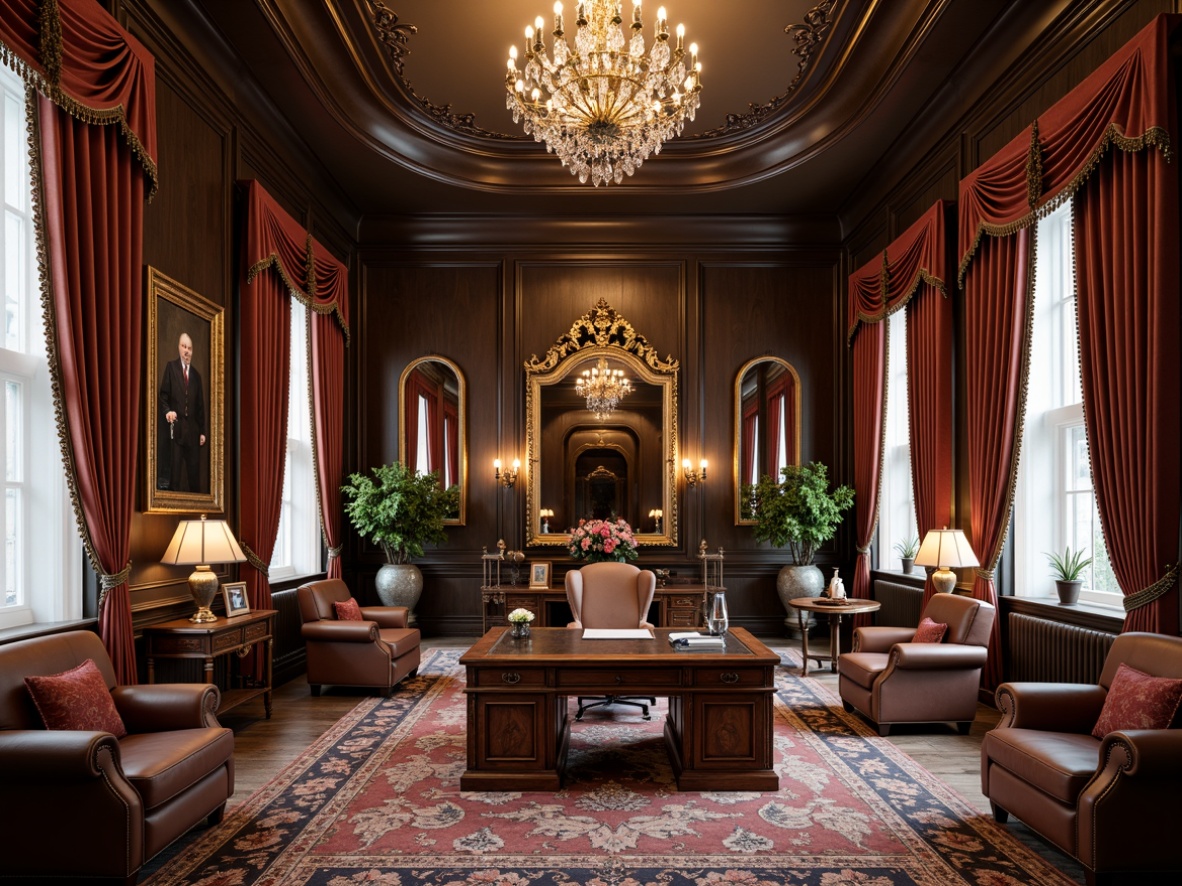 Prompt: Opulent home office, lavish furnishings, intricately carved wooden desks, gilded frames, ornate mirrors, velvet drapes, richly patterned rugs, Baroque-inspired architecture, sweeping curves, grand chandeliers, crystal drops, soft warm lighting, shallow depth of field, 1/1 composition, intimate atmosphere, realistic textures, ambient occlusion.