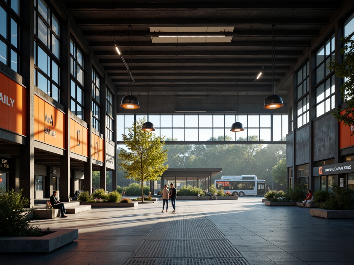 Prompt: Industrial bus station, functionalist architecture, rectangular shapes, clean lines, minimal ornamentation, bold typography, primary color scheme, geometric patterns, steel columns, concrete floors, large windows, natural light, artificial lighting, suspended lamps, metal shades, dramatic shadows, high contrast, cinematic atmosphere, low-angle photography, 2/3 composition, symmetrical framing, realistic textures, ambient occlusion.