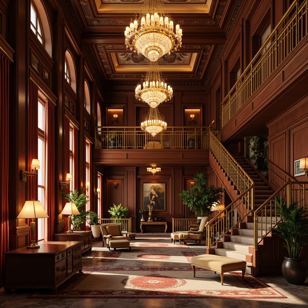 Prompt: Opulent chandeliers, warm golden lighting, rich wood paneling, ornate furnishings, luxurious fabrics, velvet drapes, crystal fixtures, grand staircases, high ceilings, marble floors, intricate moldings, soft warm glow, subtle shadows, dramatic highlights, 1/2 composition, shallow depth of field, realistic textures, ambient occlusion.Note