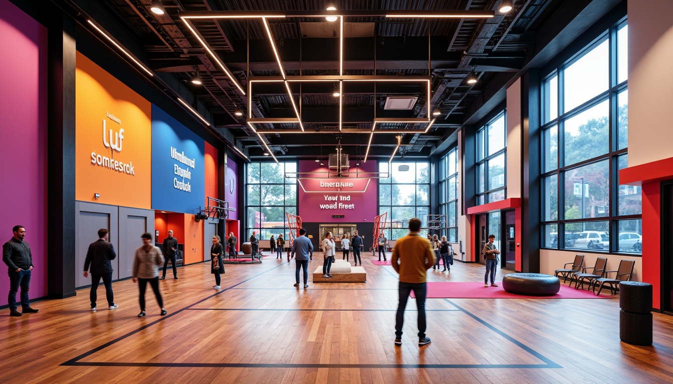 Prompt: Vibrant gymnasium interior, suspended athletic equipment, wooden flooring, motivational quotes, bold color accents, dynamic LED lighting, high-ceiling spaces, transparent glass walls, modern industrial design, sleek metal beams, indirect ambient lighting, soft warm glow, 1/2 composition, shallow depth of field, realistic shadows, subtle gradient effects.