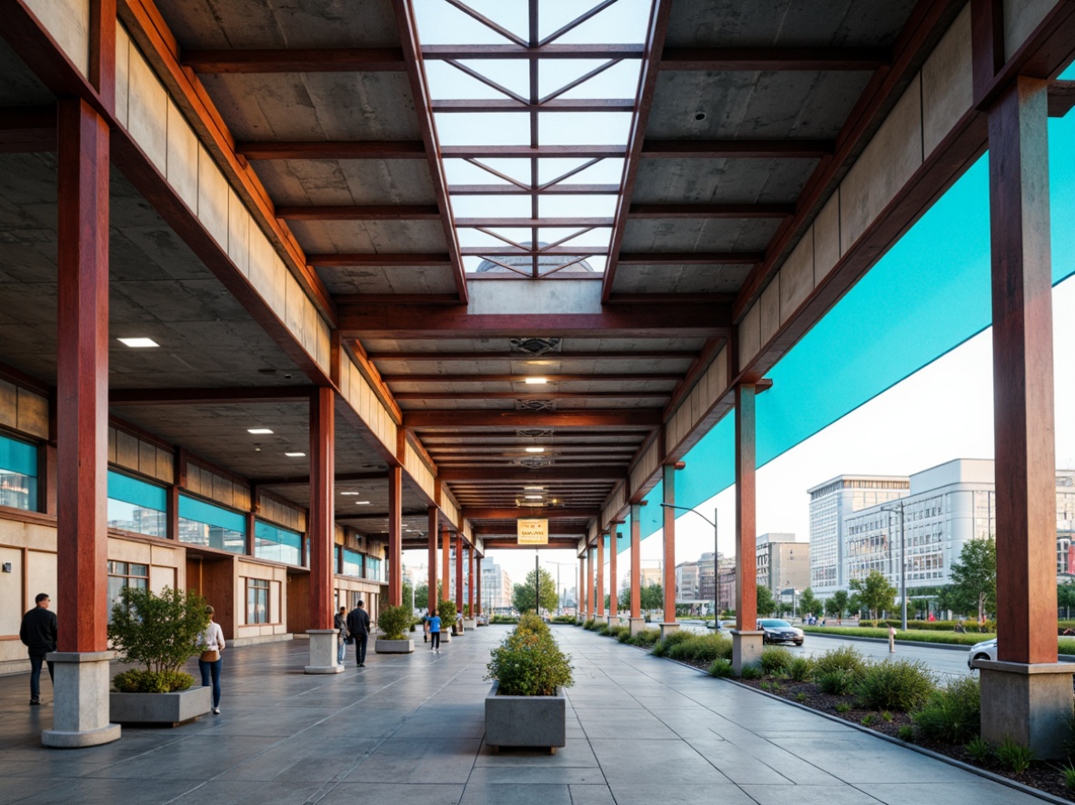 Prompt: Modern bus station, functionalist design, industrial materials, exposed steel beams, polished concrete floors, minimalist aesthetic, rectangular forms, flat roofs, large windows, clerestory lighting, cantilevered canopies, bold color schemes, primary colors, geometric patterns, brutalist textures, urban landscape, cityscape views, morning light, soft shadows, shallow depth of field, 2/3 composition, symmetrical framing.