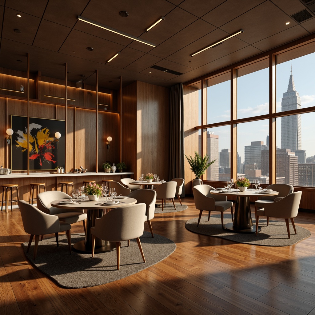 Prompt: Luxurious dining room, streamline moderne style, high-gloss wooden floors, metallic accents, velvety smooth walls, marble countertops, rich fabric upholstery, subtle geometric patterns, ambient soft lighting, warm golden tones, elegant minimalism, Scandinavian-inspired design, statement light fixtures, abstract artwork, floor-to-ceiling windows, cityscape views, sophisticated atmosphere, 1/1 composition, high-contrast rendering, detailed textures, shallow depth of field.