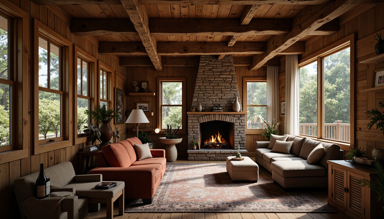 Prompt: Rustic cabin, reclaimed wood accents, earthy tones, natural stone walls, wooden beams, distressed finishes, vintage decor, cozy fireplaces, plush furnishings, warm ambient lighting, soft focus, shallow depth of field, 1/2 composition, cinematic view, organic textures, subtle color grading.