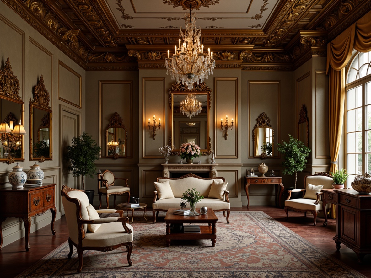 Prompt: Opulent Rococo-style interior, lavish furnishings, intricately carved wooden furniture, gilded accents, ornate mirrors, velvet upholstery, delicate porcelain vases, crystal chandeliers, marble floors, intricate molding, soft warm lighting, shallow depth of field, 1/2 composition, intimate atmosphere, rich textiles, antique decorative items, elegant curved lines, whimsical ornaments, subtle color palette.