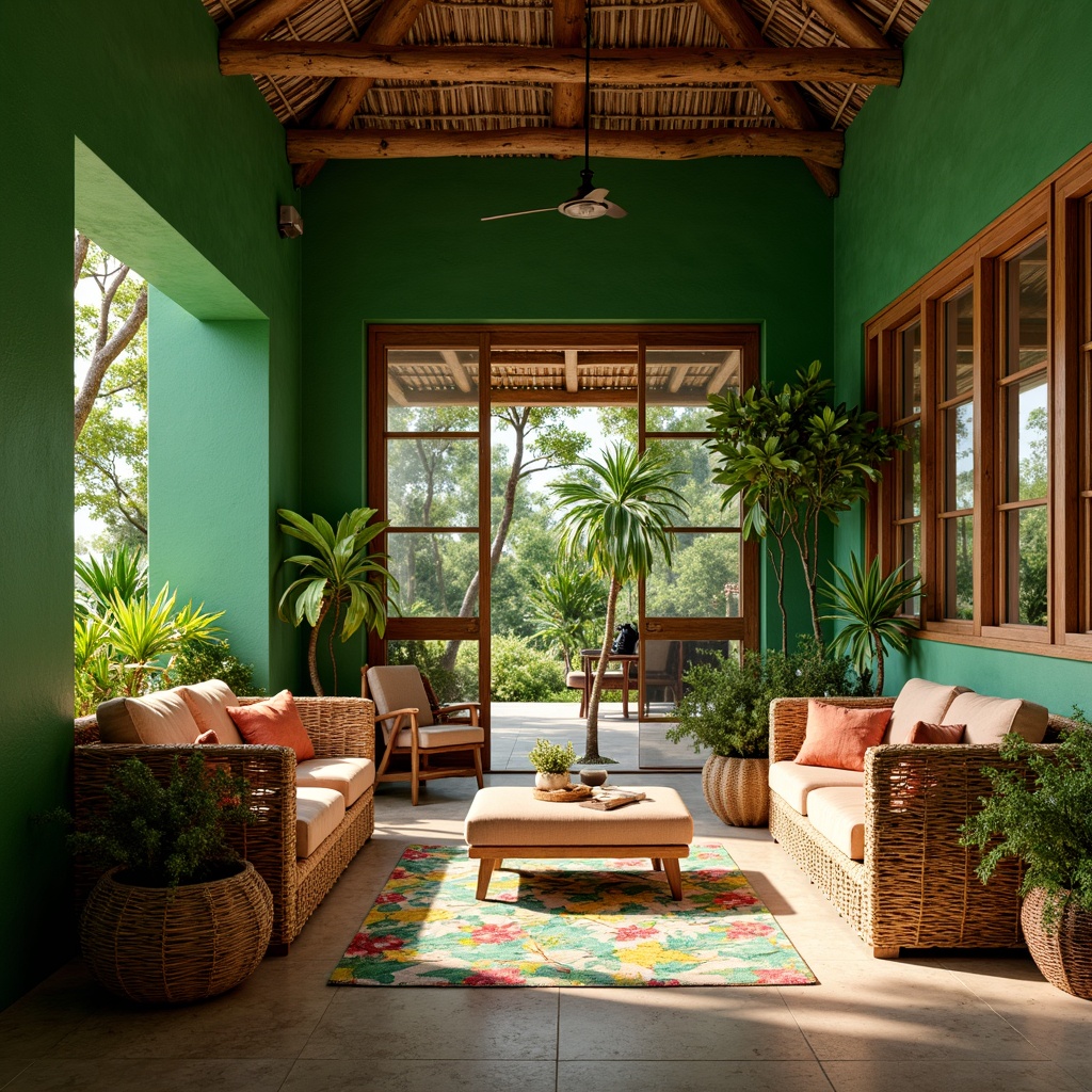 Prompt: Vibrant tropical villa, lush green walls, natural stone textures, woven rattan furniture, colorful floral patterns, exotic wood accents, leaf-inspired decor, warm sunny lighting, soft misty atmosphere, 1/1 composition, shallow depth of field, realistic foliage rendering, ambient occlusion.