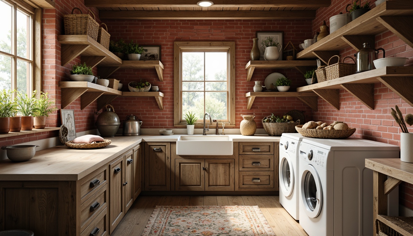 Prompt: Rustic farmhouse laundry room, open shelving units, distressed wood finishes, galvanized metal accents, vintage decorative items, woven wicker baskets, natural fiber textiles, earthy color palette, warm soft lighting, shallow depth of field, 1/1 composition, realistic textures, ambient occlusion, wooden floorboards, brick red walls, creamy white countertops, farmhouse sink, antique washing machine, potted green plants, floral patterns, cozy atmosphere.