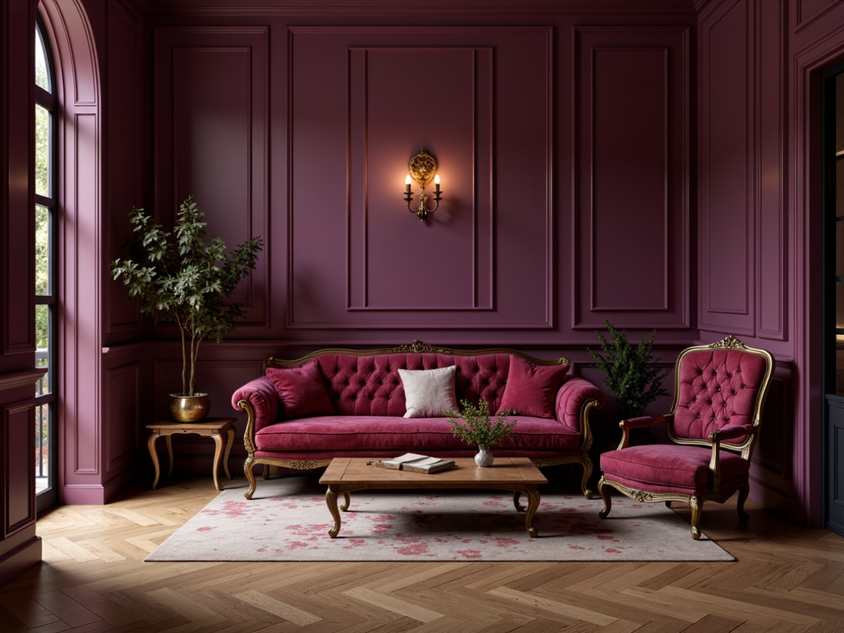 Prompt: Rich plum walls, velvety dark purple accents, warm beige flooring, soft golden lighting, ornate wooden furniture, luxurious velvet upholstery, intricate bronze metalwork, subtle floral patterns, elegant cursive typography, sophisticated 2/3 composition, atmospheric misty effects, realistic fabric textures, ambient occlusion.