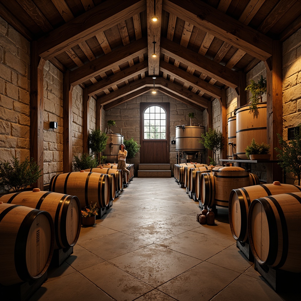 Prompt: Rustic winery interior, exposed wooden beams, industrial metal accents, earthy tone color palette, stone walls, concrete floors, wooden wine barrels, steel fermentation tanks, vintage wine-making equipment, dim warm lighting, soft shadows, atmospheric ambiance, shallow depth of field, 1/2 composition, realistic textures, ambient occlusion.