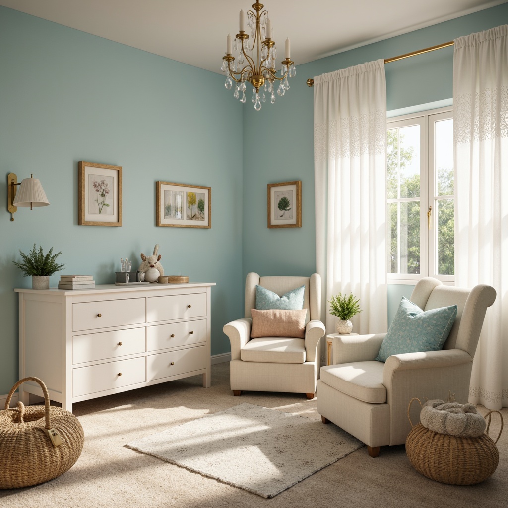 Prompt: Pastel nursery, soft baby blue walls, creamy white furniture, warm beige carpet, delicate lace curtains, natural wood accents, vintage decorative frames, gentle morning light, subtle shadows, 1/2 composition, intimate close-up shots, realistic fabric textures, ambient occlusion, calming atmosphere.This prompt includes the main subject (nursery), its features (soft baby blue walls, creamy white furniture, etc.), the setting (pastel nursery), and descriptions of lighting, composition, and textures. It also evokes a calming atmosphere, which is suitable for a nursery scene.