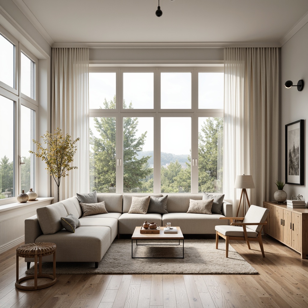 Prompt: Clean-lined Scandinavian living room, minimalist furniture, light wood accents, neutral color palette, creamy whites, soft grays, natural textiles, woven baskets, geometric patterns, modern Nordic design, floor-to-ceiling windows, sheer curtains, cozy reading nook, plush area rug, industrial-chic lighting fixtures, warm ambient glow, shallow depth of field, 1/1 composition, intimate atmosphere, realistic wood grain, subtle reflections.