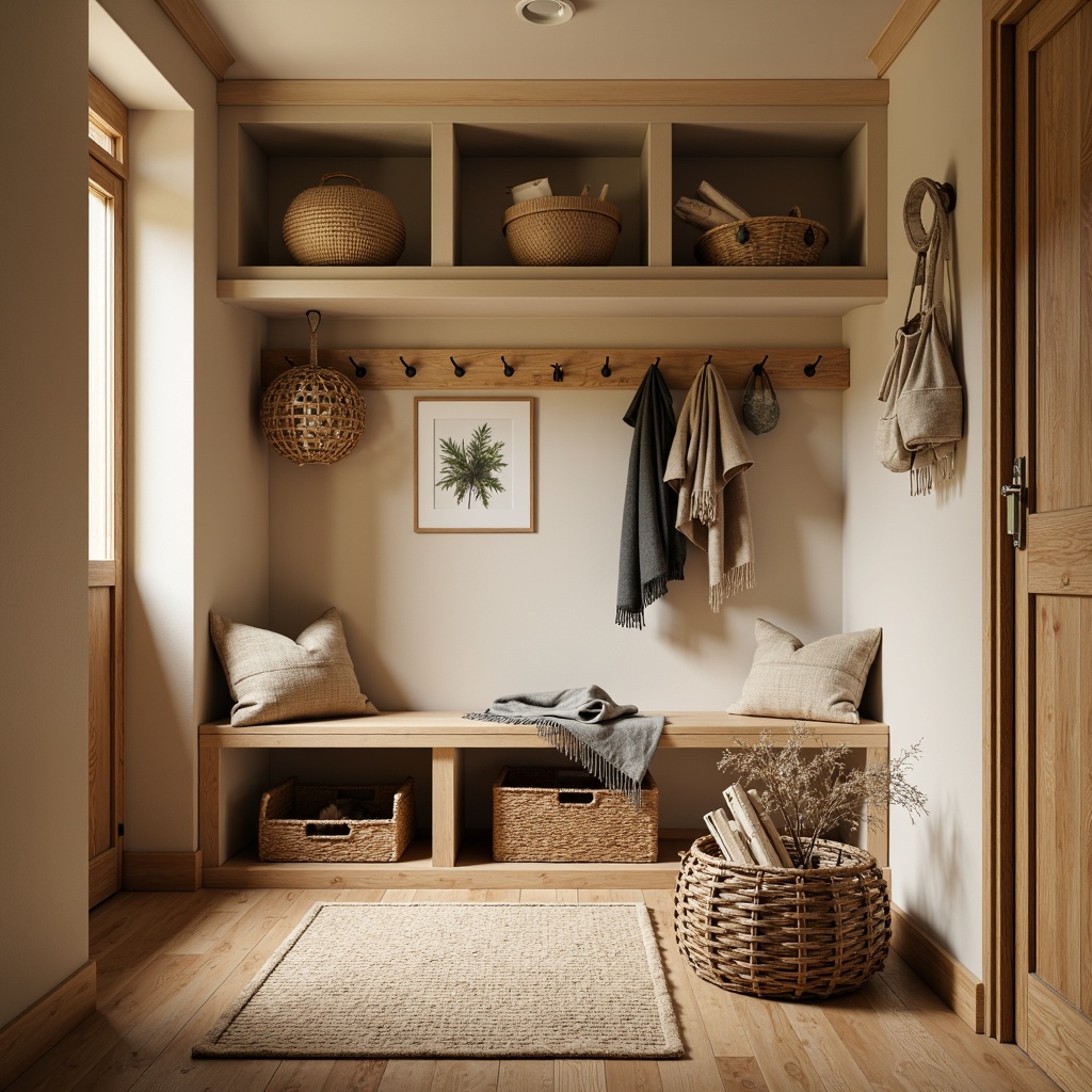 Prompt: Cozy mudroom, warm beige walls, rustic wooden benches, woven baskets, natural fiber rugs, earthy scent, built-in storage units, wooden coat racks, metal hooks, woven textiles, nature-inspired patterns, calming color palette, soft warm lighting, shallow depth of field, 3/4 composition, realistic textures, ambient occlusion.Please let me know if this meets your requirements!