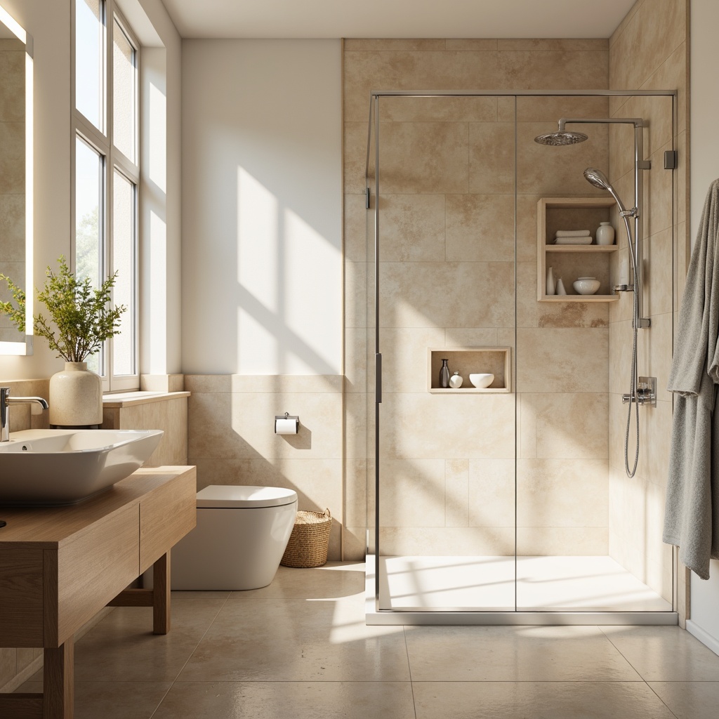 Prompt: Calming bathroom ambiance, soft pastel hues, creamy whites, warm beige tones, rich wood accents, elegant chrome fixtures, modern minimalist design, sleek glass shower doors, textured stone flooring, gentle LED lighting, shallow depth of field, 1/1 composition, serene atmosphere, realistic reflections.