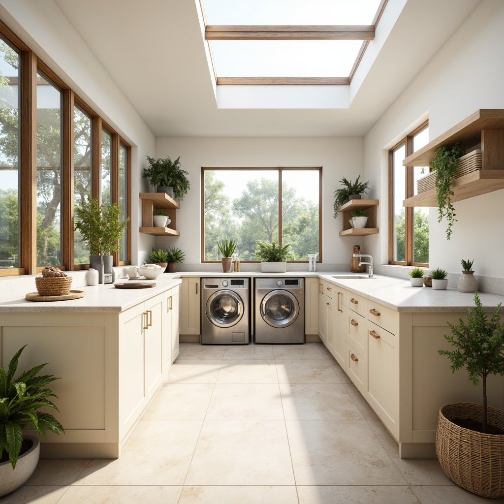 Prompt: Bright laundry room, large windows, skylights, soft natural lighting, creamy white walls, pastel-colored cabinets, stainless steel appliances, modern minimalist design, sleek lines, open shelving, woven baskets, fresh greenery, potted plants, warm beige flooring, gentle color palette, airy atmosphere, 1/1 composition, realistic textures, subtle shadows.