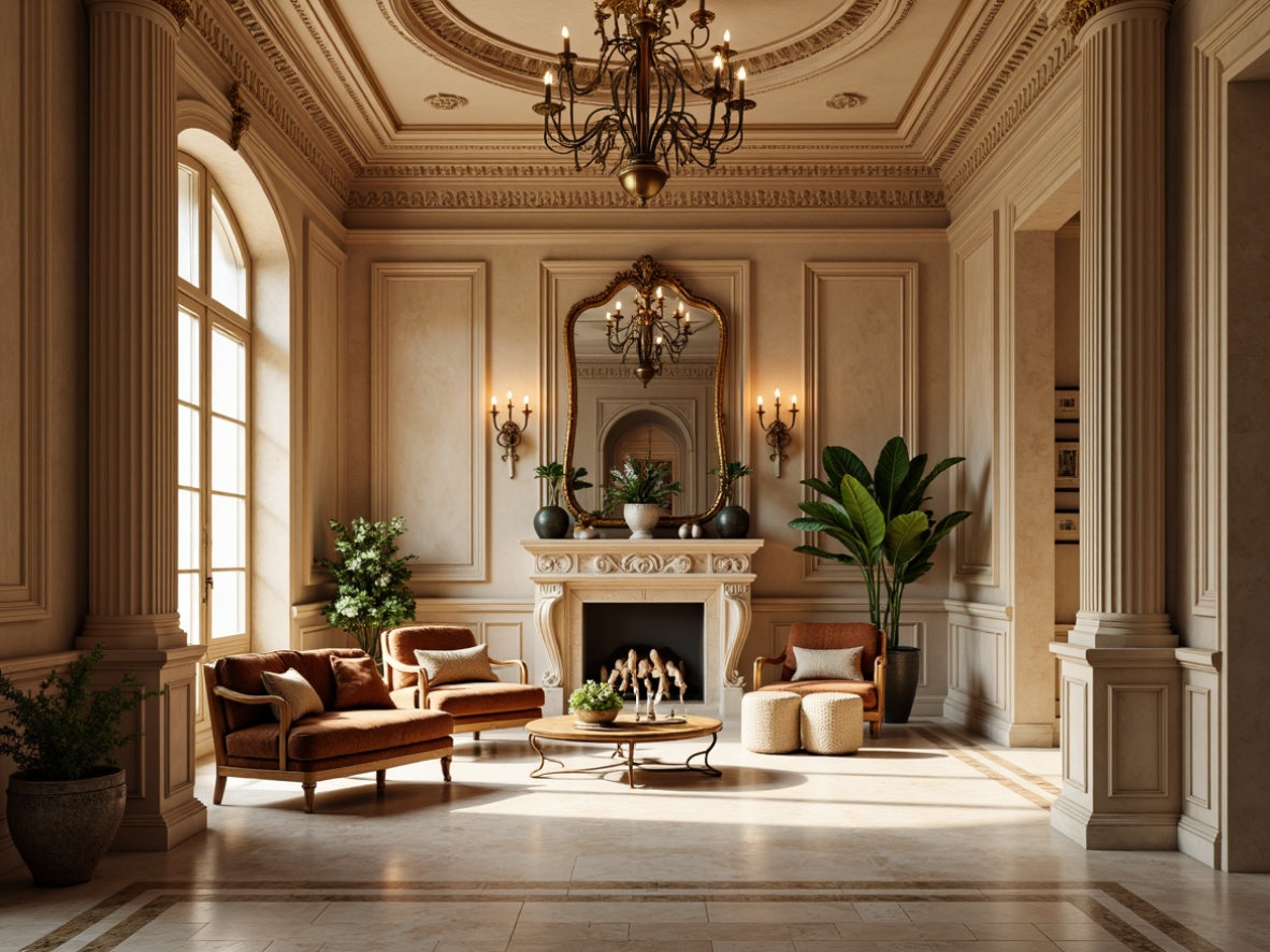 Prompt: Elegant neoclassical interior, rich wood tones, cream marble floors, ornate moldings, gilded accents, soft warm beige walls, luxurious velvet fabrics, antique furniture pieces, subtle bronze metallic hints, sophisticated earthy palette, muted greenery, refined neutral backgrounds, dramatic chandelier lighting, ornate ceiling details, symmetrical compositions, high-contrast ratio, cinematic atmosphere, detailed textures, realistic reflections.