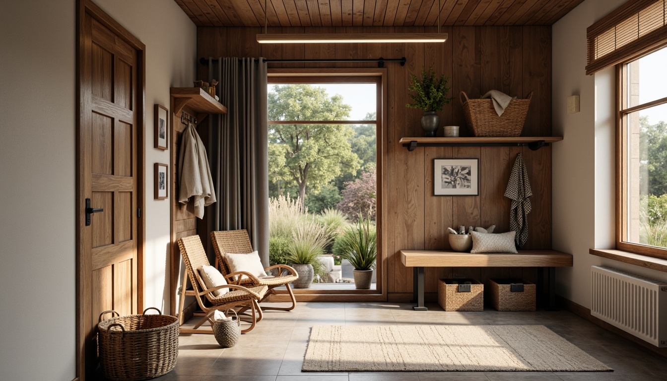 Prompt: Cozy mudroom, rustic wooden accents, natural stone flooring, woven baskets, industrial metal shelves, sleek storage bins, modern farmhouse decor, warm soft lighting, 1/2 composition, shallow depth of field, realistic textures, ambient occlusion.