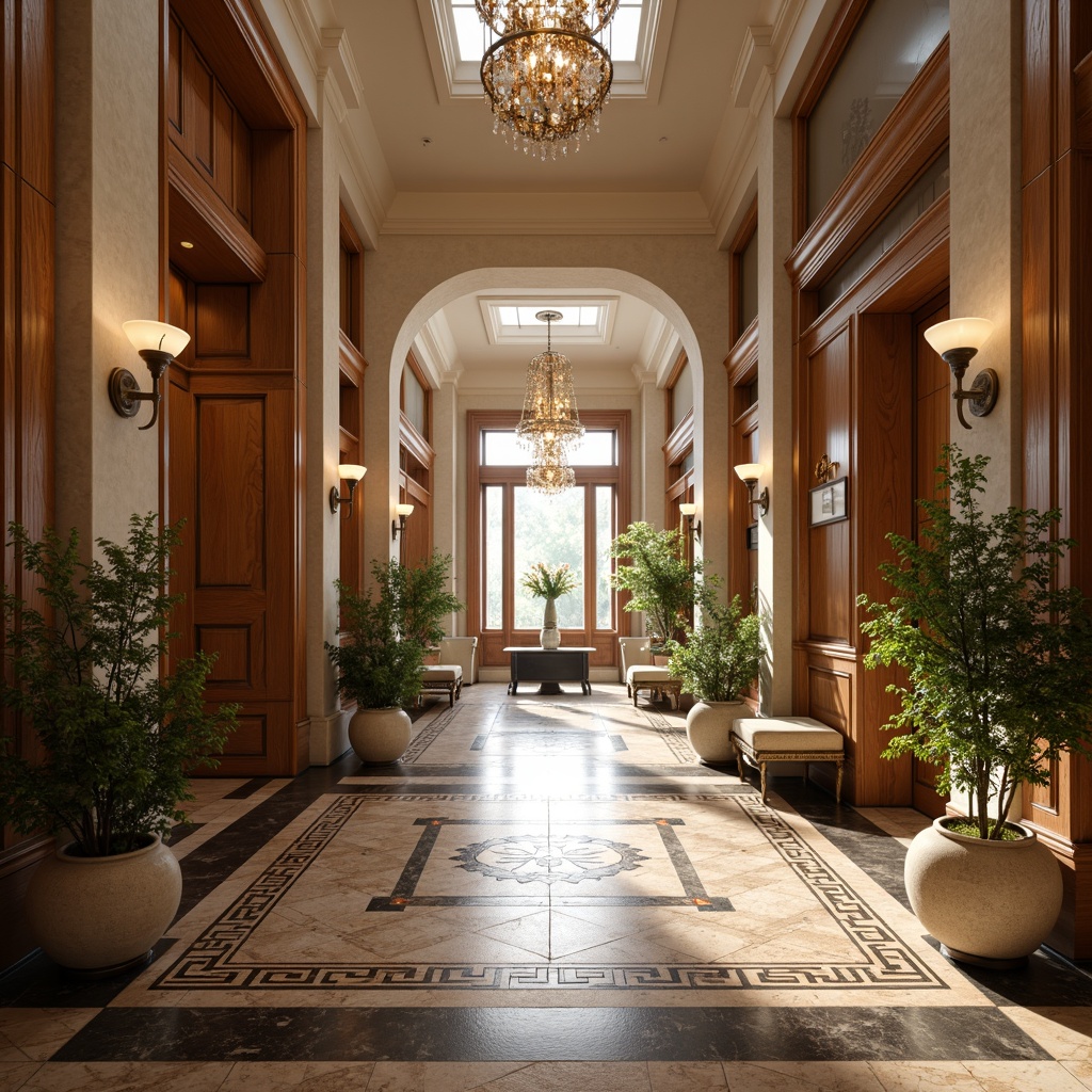 Prompt: \Marble floors, inlaid wood patterns, herringbone parquet, polished hardwood, intricate tile mosaics, ornate carpet designs, soft cream-colored rugs, classic Greek key motifs, elegant foyer spaces, grand chandeliers, ornate moldings, high ceilings, symmetrical compositions, warm golden lighting, subtle shading, realistic reflections, detailed textures.\