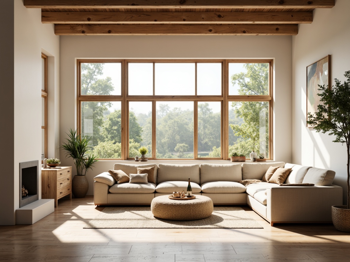 Prompt: Cozy Nordic living room, large windows, soft warm natural light, minimalist decor, light-colored wood floors, creamy white walls, comfortable sofas, woven textiles, nature-inspired accents, rustic wooden beams, airy open spaces, subtle shadows, gentle morning light, dramatic afternoon sunbeams, 1/1 composition, shallow depth of field, realistic textures, ambient occlusion.