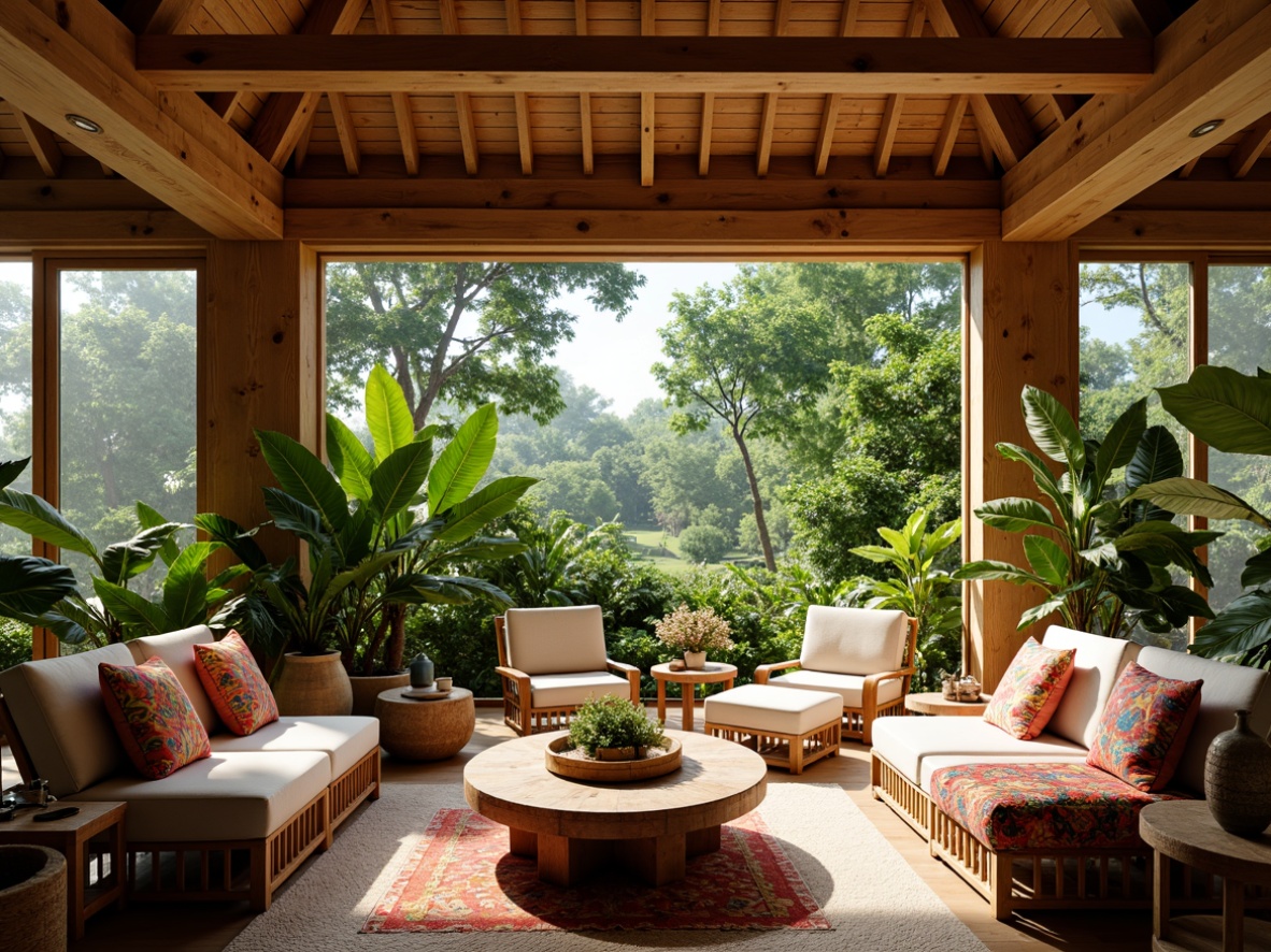 Prompt: Tropical living room, lush greenery, exotic plants, warm wood tones, natural fibers, rattan furniture, vibrant colorful textiles, intricate woven patterns, large windows, sliding glass doors, open floor plan, high ceilings, sunny day, soft warm lighting, shallow depth of field, 1/1 composition, realistic textures, ambient occlusion.