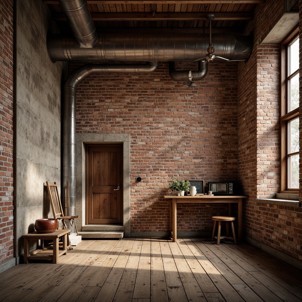 Prompt: Rustic brick walls, distressed finishes, earthy tones, natural stone accents, worn wooden planks, vintage metal fixtures, exposed ductwork, industrial chic aesthetic, urban loft atmosphere, dramatic shadows, warm ambient lighting, 3/4 composition, shallow depth of field, realistic textures, ambient occlusion.