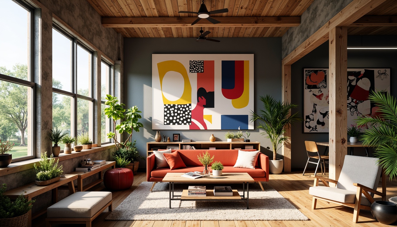 Prompt: Vibrant artistic studio, eclectic mix of furniture, abstract artwork, bold colorful accents, natural wood textures, industrial metal elements, reclaimed wood shelves, cozy reading nook, floor-to-ceiling windows, abundant natural light, warm inviting atmosphere, 1/1 composition, softbox lighting, shallow depth of field, realistic renderings, ambient occlusion.