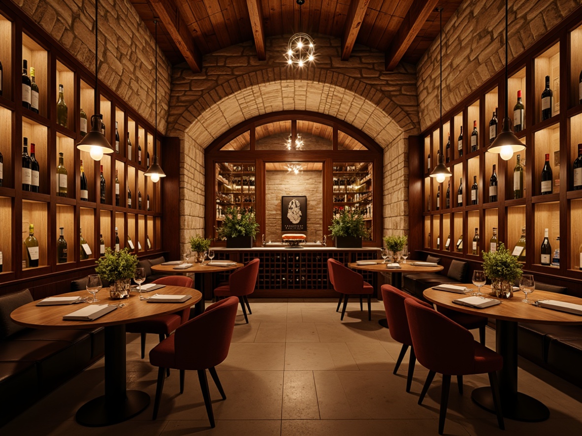 Prompt: Warm wine cellar, rustic stone walls, dimmed lighting, soft warm glow, wooden wine racks, glass-enclosed wine cases, ambient illumination, subtle shadows, rich wood tones, earthy aromas, vintage wine bottles, ornate metalwork, elegant chandeliers, subtle color temperature, warm beige hues, cozy atmosphere, intimate setting, dramatic downlighting, pin spotlights, track lighting, rustic wooden beams, aged brick arches.