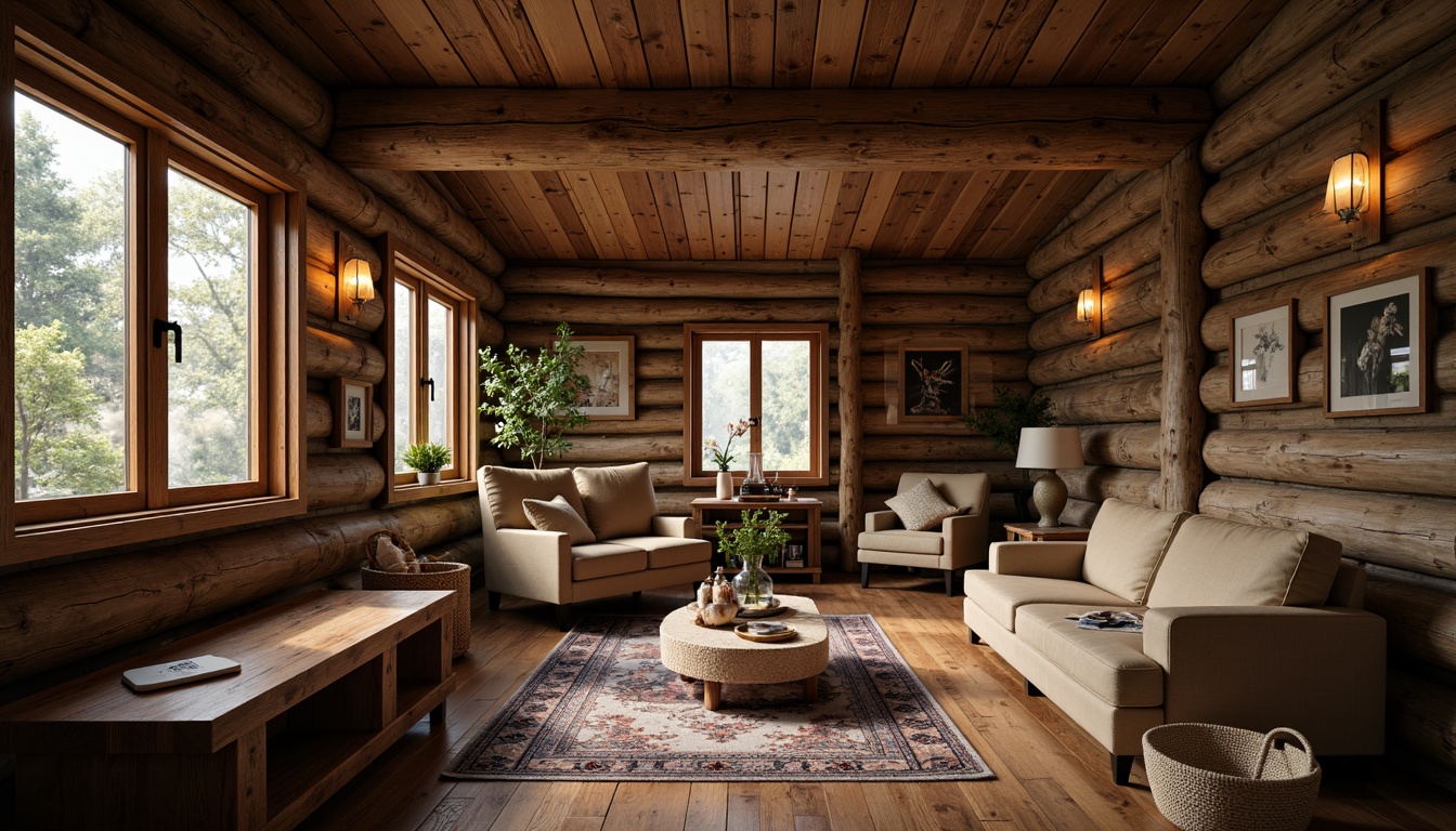 Prompt: Cozy cabin-style interior, wooden accents, rustic wood grain textures, earthy color palette, wooden beams, wooden furniture, handmade craftsmanship, ornate carvings, intricate joinery, natural materials, warm ambient lighting, soft focus, shallow depth of field, 2/3 composition, rustic-chic decor, vintage-inspired accessories, distressed finishes, organic shapes, hand-hewn details, rich wood tones, inviting atmosphere.