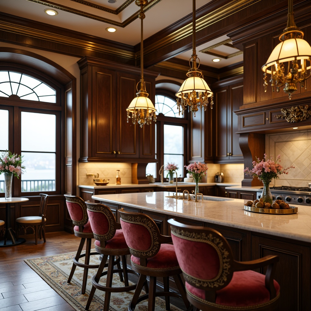 Prompt: Ornate kitchen, golden accents, intricately carved wooden cabinets, ornamental metal hardware, lavish marble countertops, grandiose chandeliers, richly upholstered bar stools, curved lines, gilded frames, luxurious velvet fabrics, regal color palette, warm ambient lighting, soft focus, shallow depth of field, 1/1 composition, detailed textures, realistic reflections.