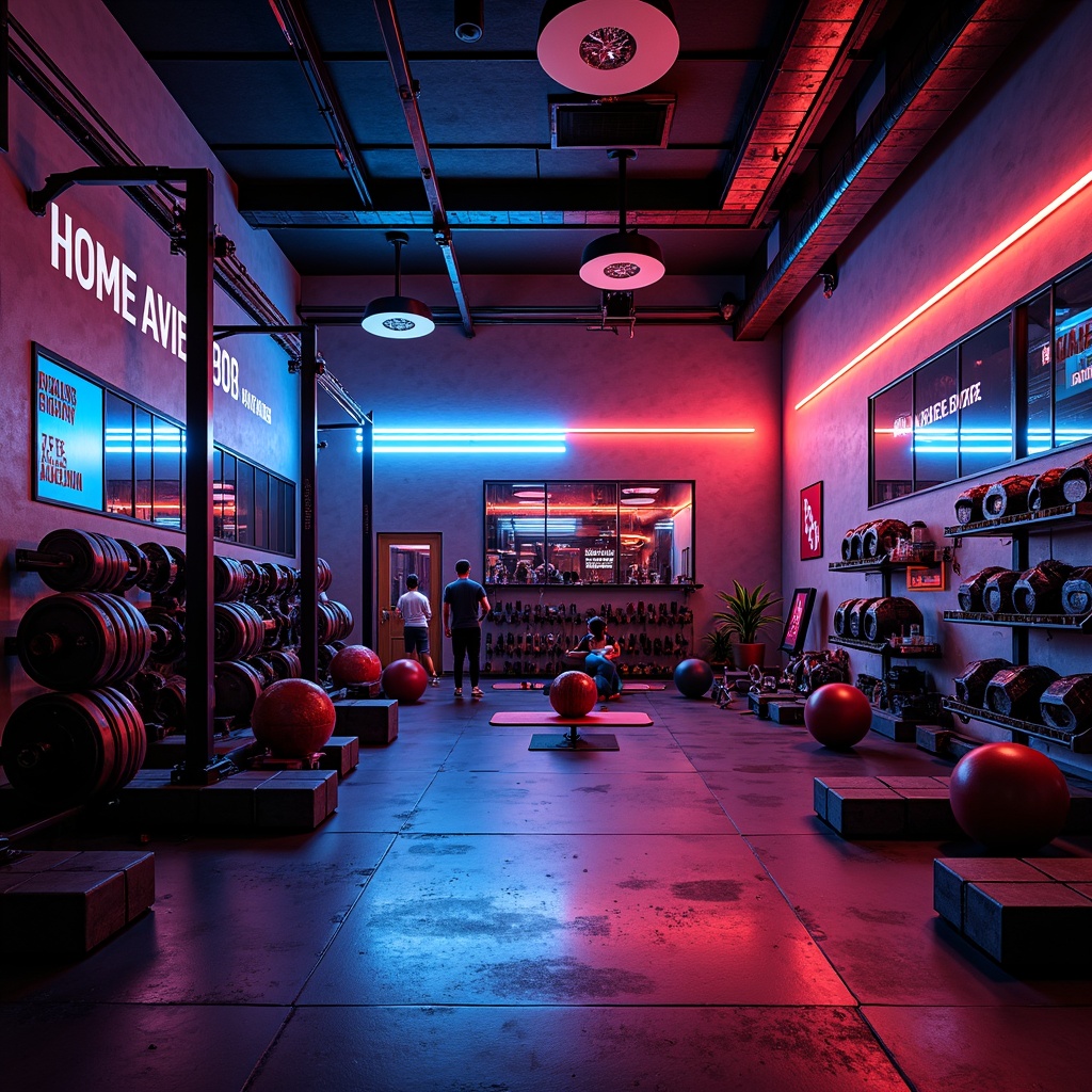 Prompt: Vibrant home gym, industrial-style equipment, bold color scheme, neon accents, motivational quotes, sleek metal frames, rubber flooring, modern LED lighting, high-contrast walls, energizing atmosphere, intense workout sessions, dynamic shadows, 1/1 composition, dramatic highlights, realistic textures, ambient occlusion.